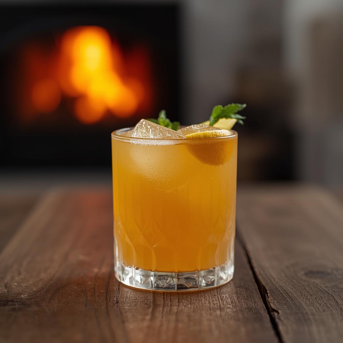 Rakytník se zázvorem limonáda v šiřoké tlusté sklenici, doma u ohně